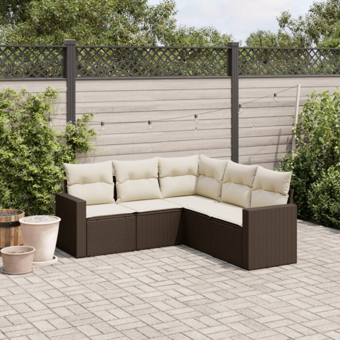 Salon de jardin avec coussins 5 pcs marron résine tressée – Image 1