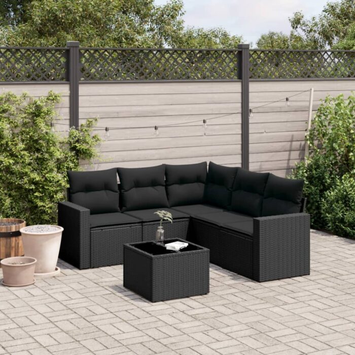 Salon de jardin 6 pcs avec coussins noir résine tressée – Image 1