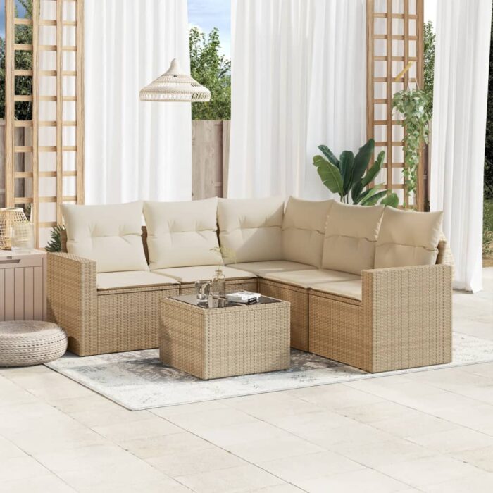Salon de jardin avec coussins 6 pcs beige résine tressée – Image 1