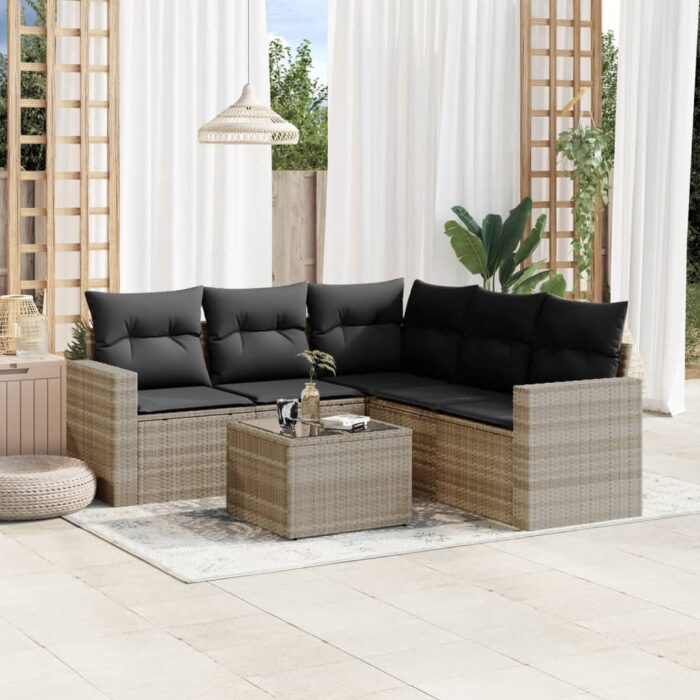 Salon de jardin 6 pcs avec coussins gris clair résine tressée – Image 1