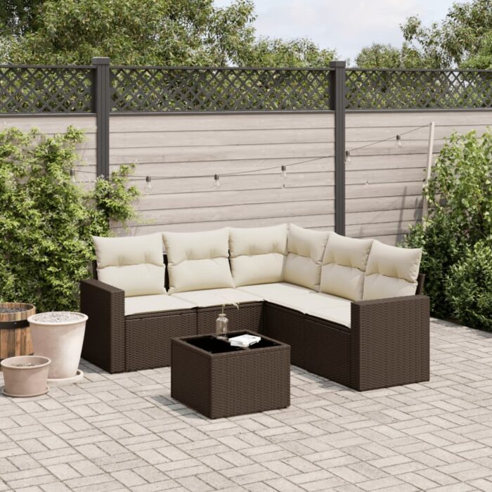 Salon de jardin avec coussins 6 pcs marron résine tressée – Image 1