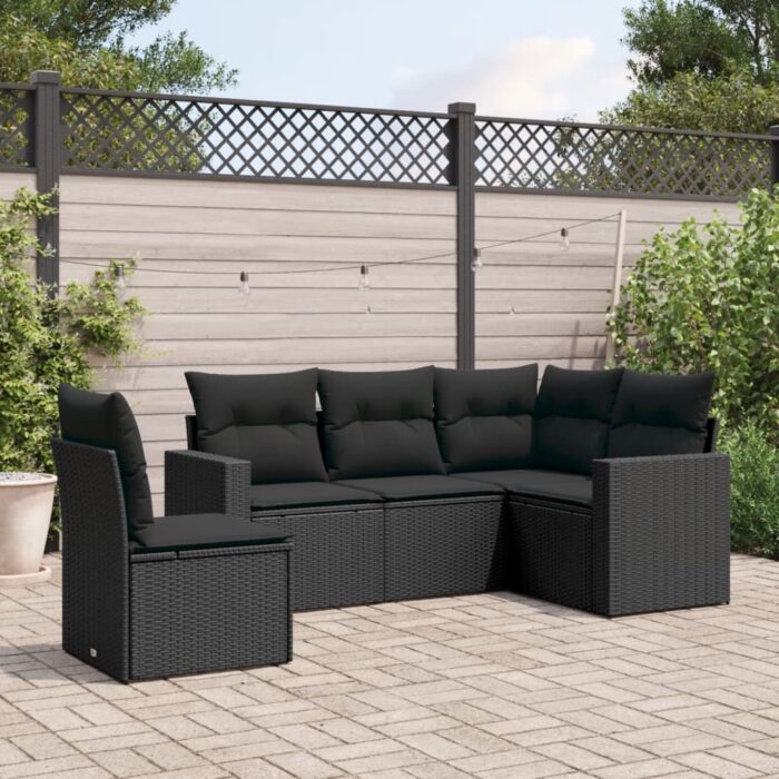 Salon de jardin 5 pcs avec coussins noir résine tressée – Image 1