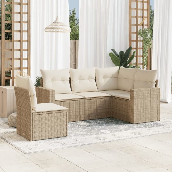 Salon de jardin avec coussins 5 pcs beige résine tressée – Image 1