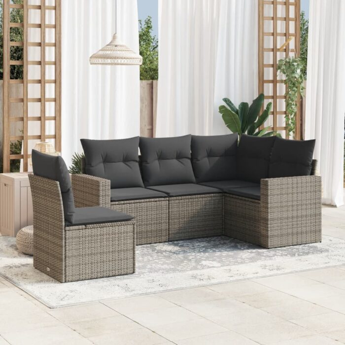 Salon de jardin 5 pcs avec coussins gris résine tressée – Image 1