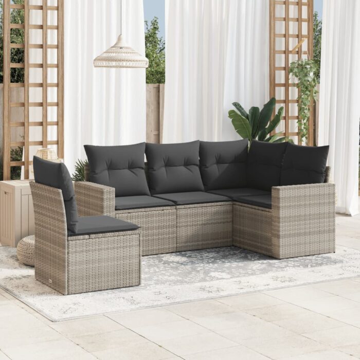 Salon de jardin 5 pcs avec coussins gris clair résine tressée – Image 1