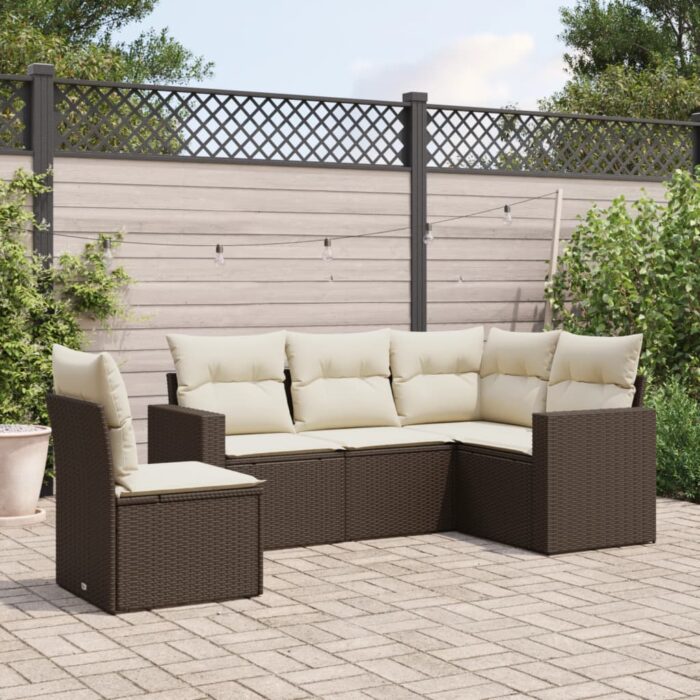 Salon de jardin avec coussins 5 pcs marron résine tressée – Image 1