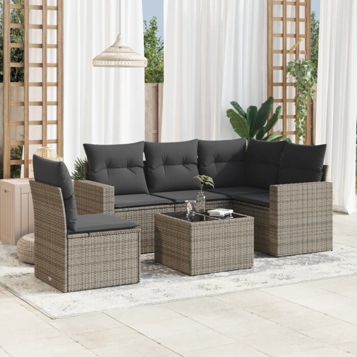Salon de jardin 6 pcs avec coussins gris résine tressée – Image 1