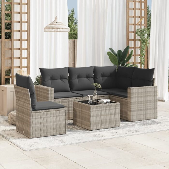 Salon de jardin 6 pcs avec coussins gris clair résine tressée – Image 1