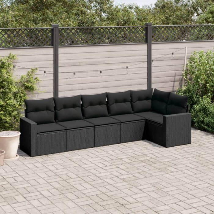 Salon de jardin 6 pcs avec coussins noir résine tressée – Image 1