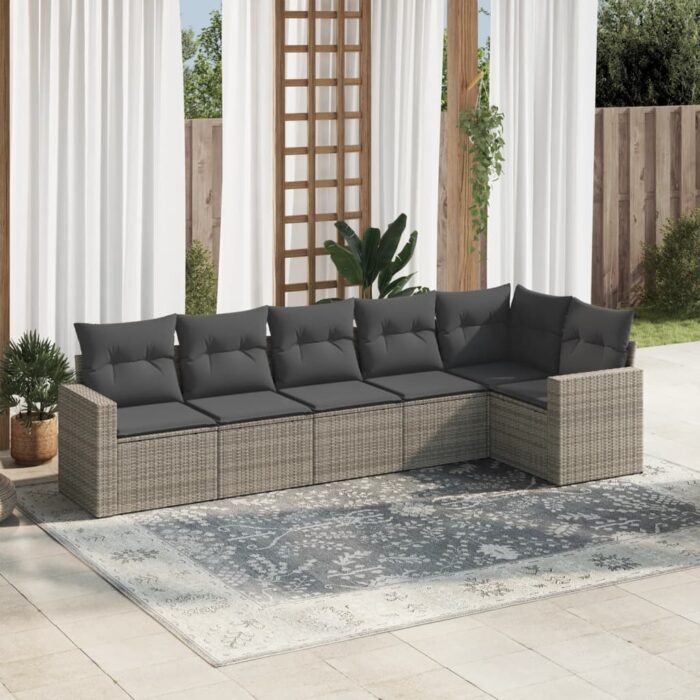 Salon de jardin 6 pcs avec coussins gris résine tressée – Image 1