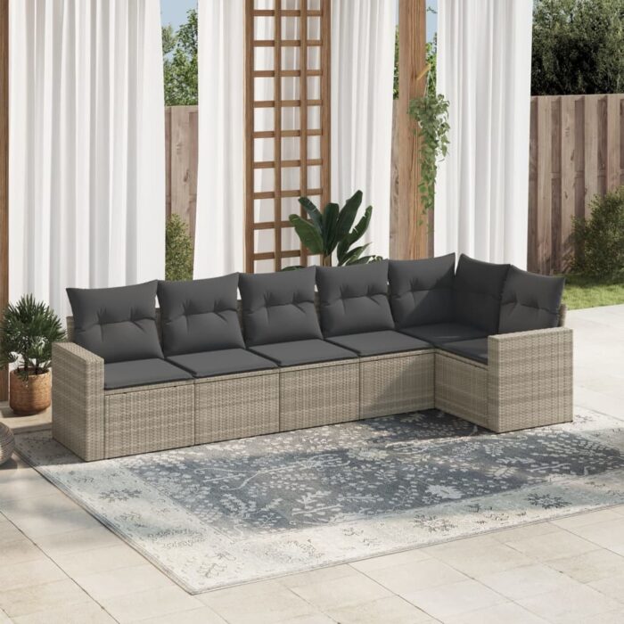Salon de jardin 6 pcs avec coussins gris clair résine tressée – Image 1