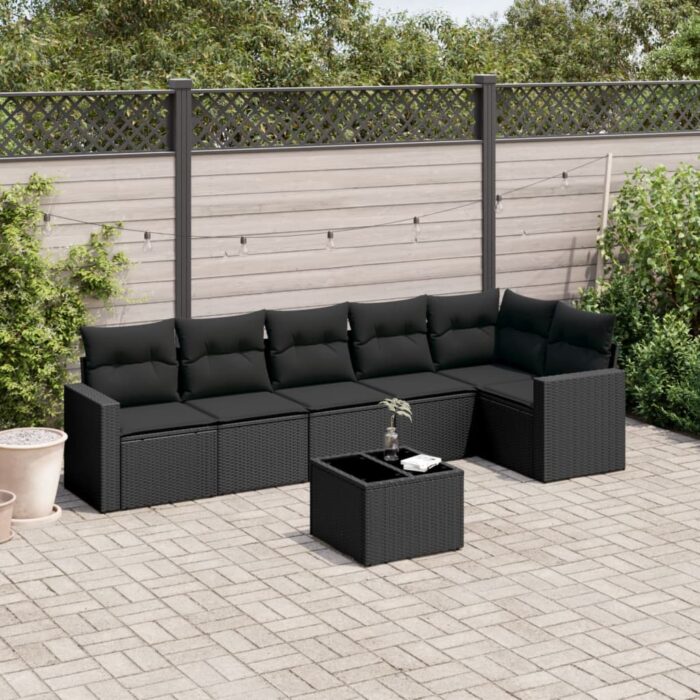 Salon de jardin 7 pcs avec coussins noir résine tressée – Image 1