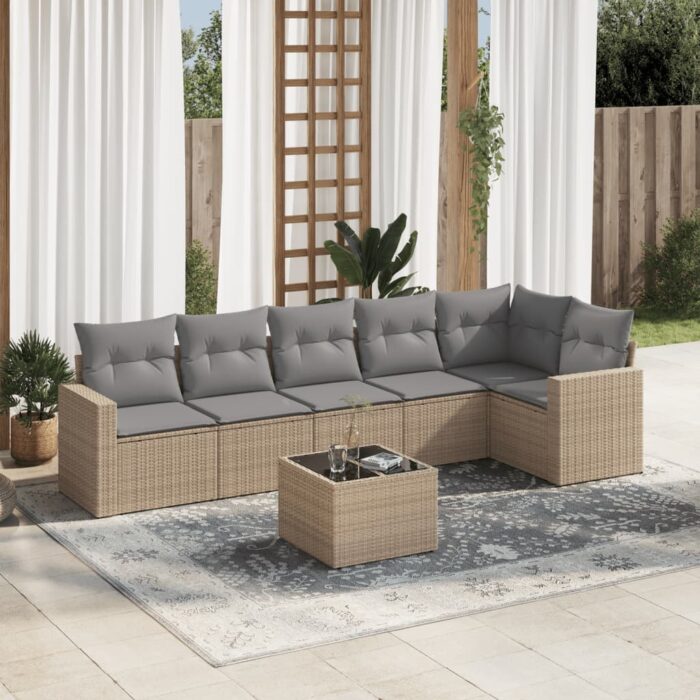 Salon de jardin avec coussins 7 pcs beige résine tressée – Image 1