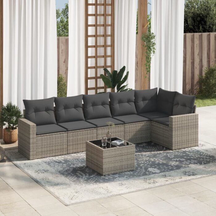 Salon de jardin avec coussins 7 pcs gris résine tressée – Image 1