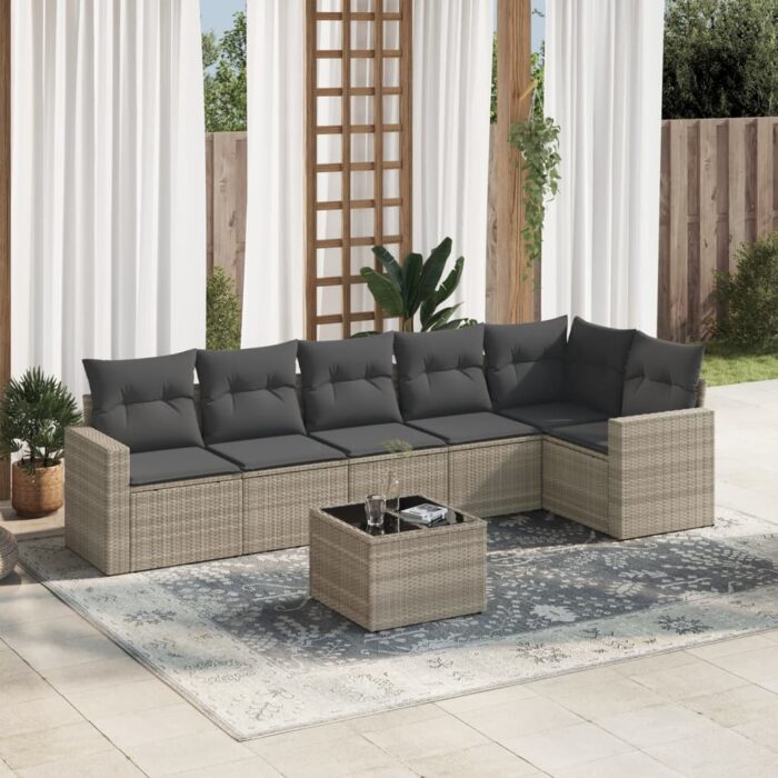 Salon de jardin avec coussins 7 pcs gris clair résine tressée – Image 1