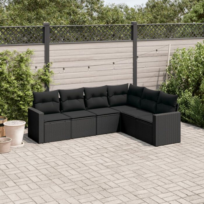 Salon de jardin 6 pcs avec coussins noir résine tressée – Image 1