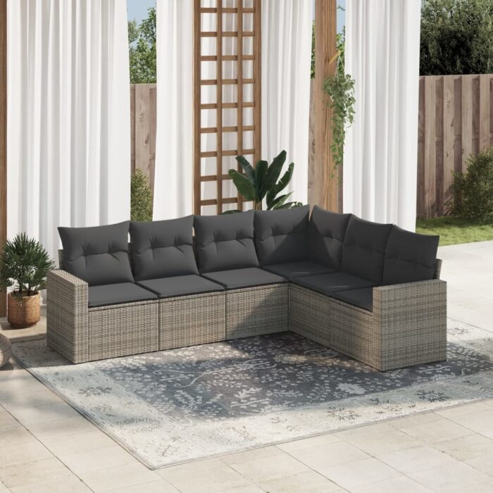 Salon de jardin 6 pcs avec coussins gris résine tressée – Image 1