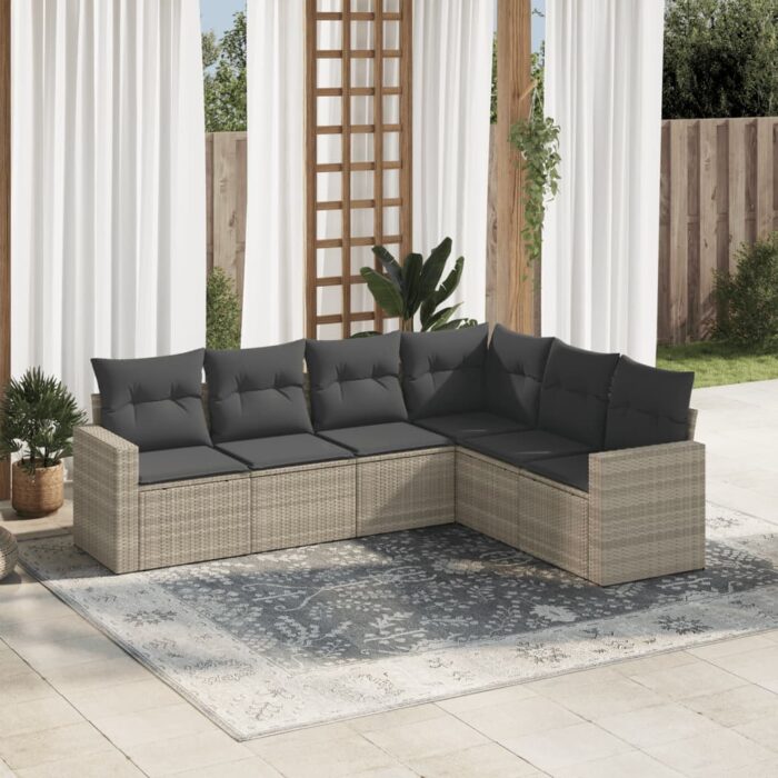 Salon de jardin 6 pcs avec coussins gris clair résine tressée – Image 1