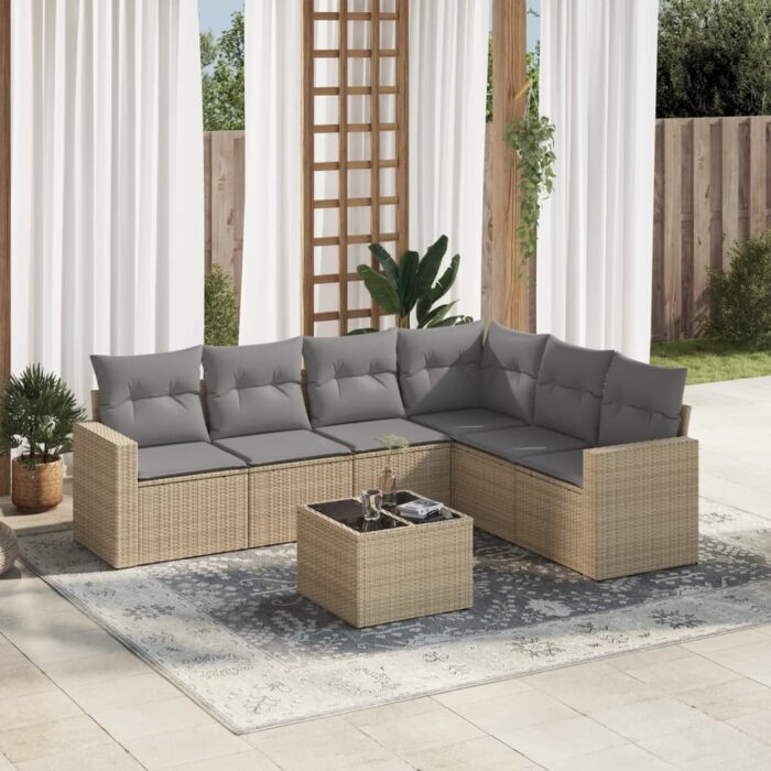 Salon de jardin avec coussins 7 pcs beige résine tressée – Image 1