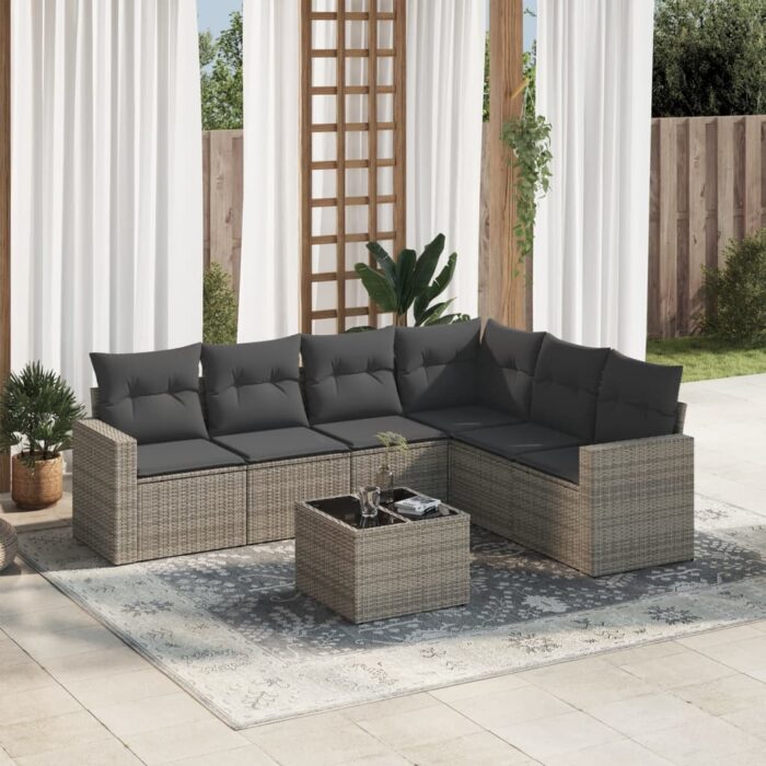 Salon de jardin avec coussins 7 pcs gris résine tressée – Image 1