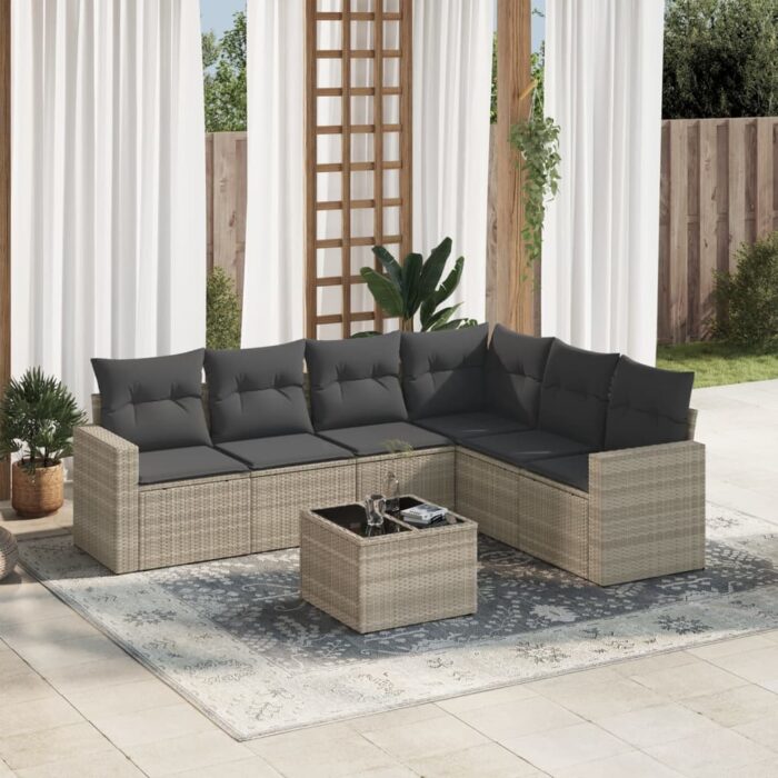 Salon de jardin avec coussins 7 pcs gris clair résine tressée – Image 1