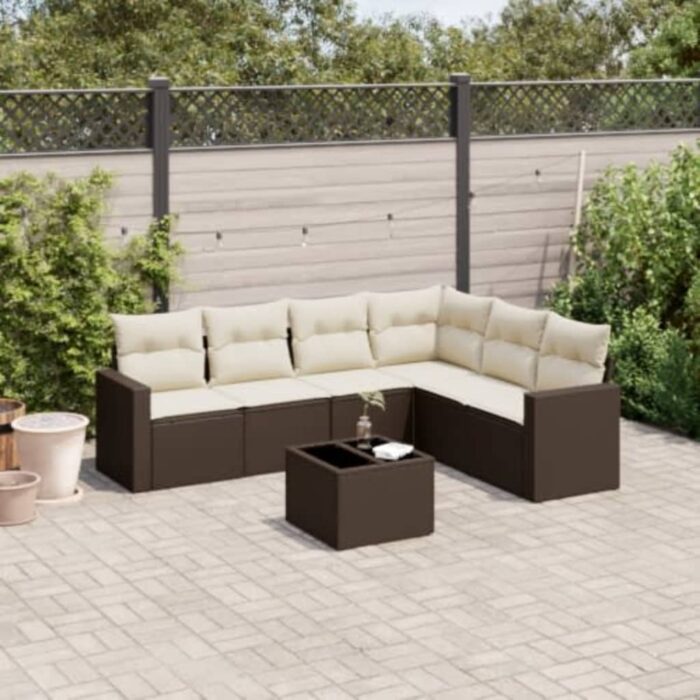 Salon de jardin avec coussins 7 pcs marron résine tressée – Image 1