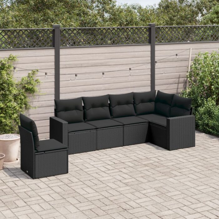 Salon de jardin 6 pcs avec coussins noir résine tressée – Image 1