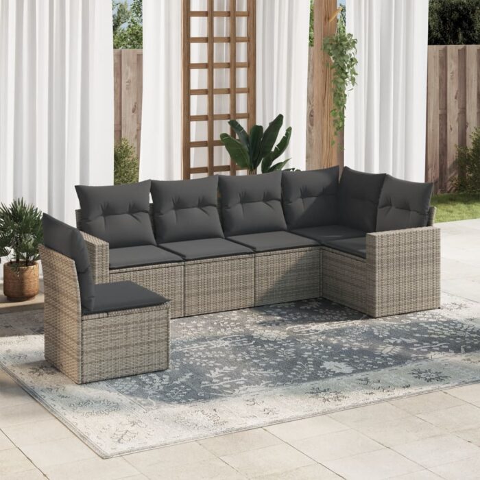 Salon de jardin 6 pcs avec coussins gris résine tressée – Image 1