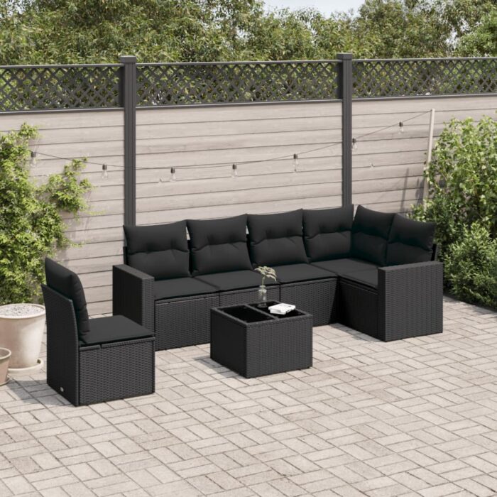 Salon de jardin 7 pcs avec coussins noir résine tressée – Image 1