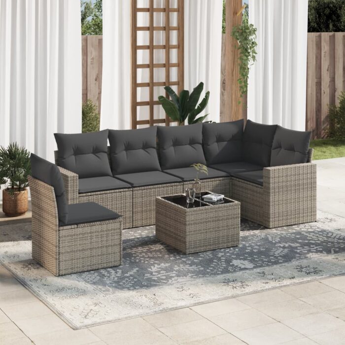 Salon de jardin avec coussins 7 pcs gris résine tressée – Image 1