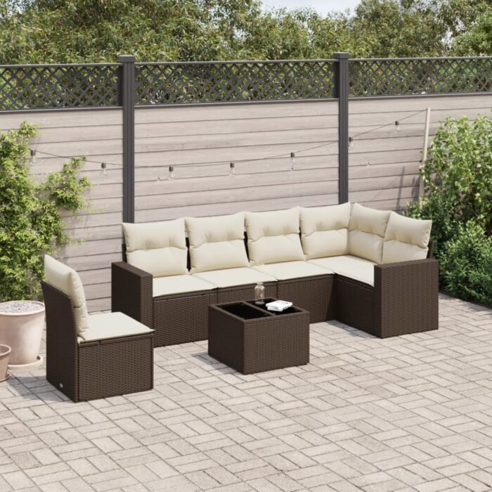 Salon de jardin avec coussins 7 pcs marron résine tressée – Image 1