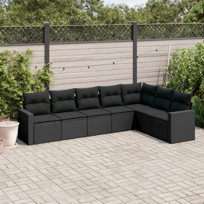 Salon de jardin 7 pcs avec coussins noir résine tressée – Image 1
