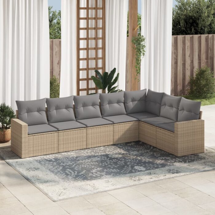 Salon de jardin avec coussins 7 pcs beige résine tressée – Image 1