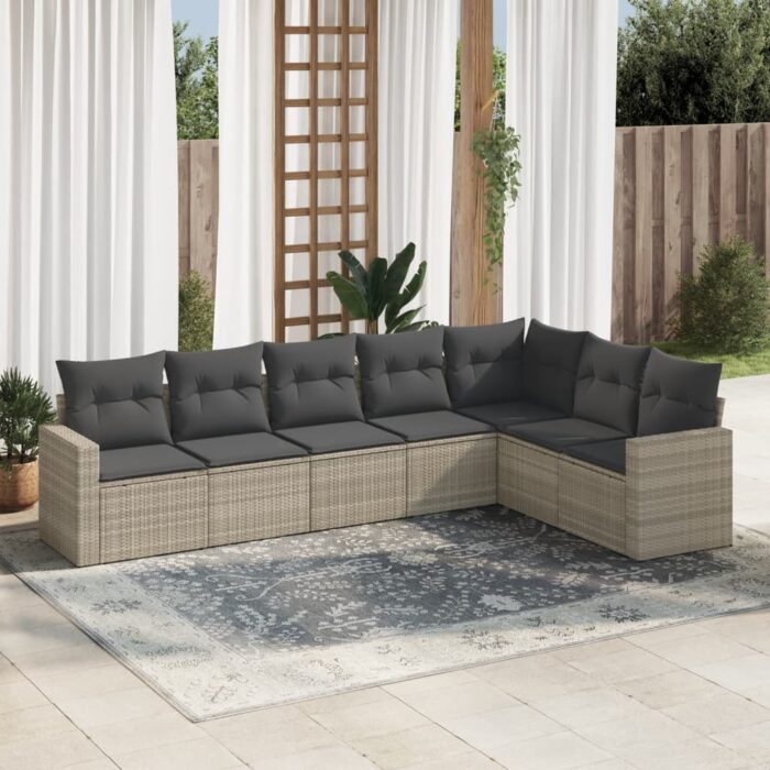 Salon de jardin avec coussins 7 pcs gris clair résine tressée – Image 1
