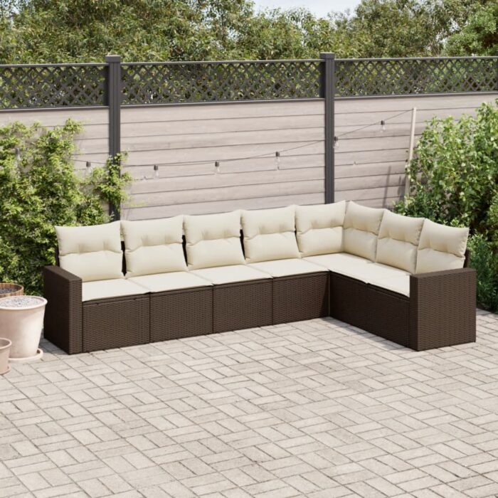 Salon de jardin avec coussins 7 pcs marron résine tressée – Image 1
