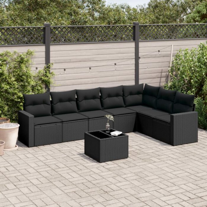 Salon de jardin 8 pcs avec coussins noir résine tressée – Image 1