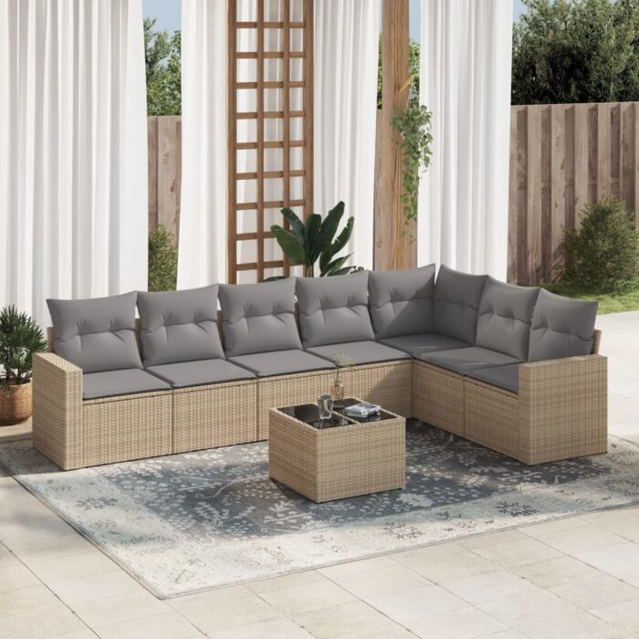 Salon de jardin avec coussins 8 pcs beige résine tressée – Image 1