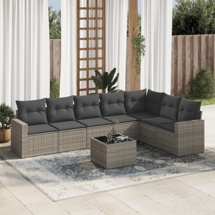Salon de jardin 8 pcs avec coussins gris résine tressée – Image 1