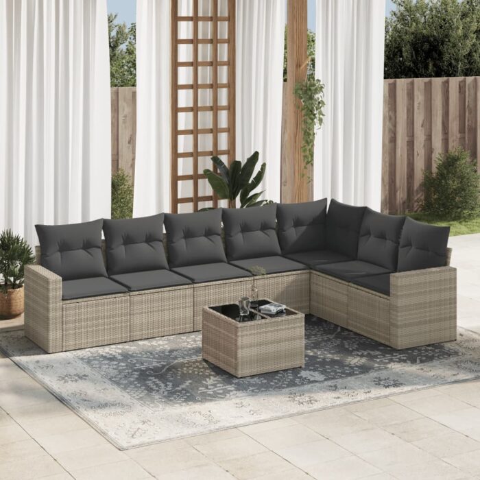 Salon de jardin 8 pcs avec coussins gris clair résine tressée – Image 1