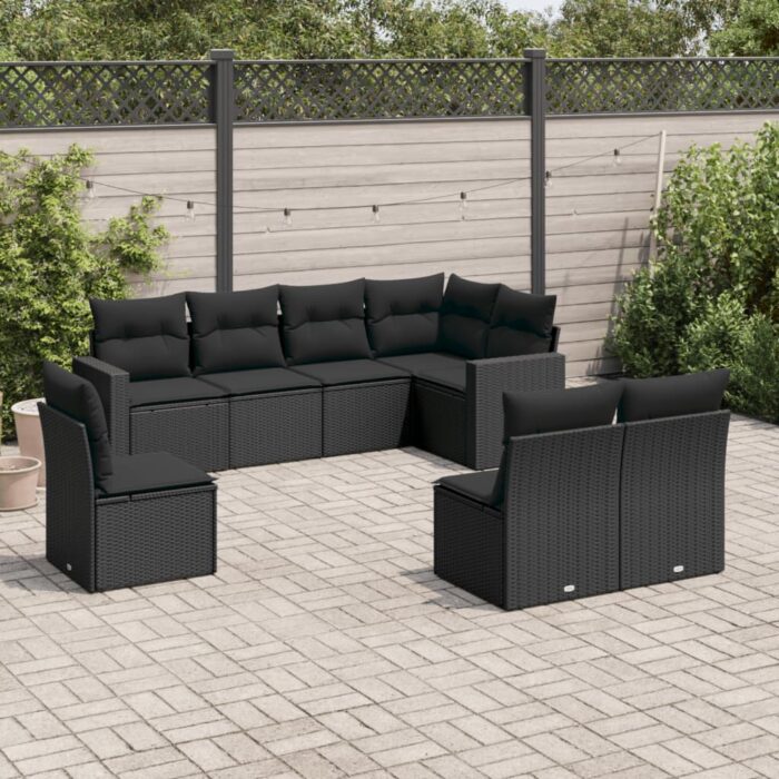 Salon de jardin 8 pcs avec coussins noir résine tressée – Image 1
