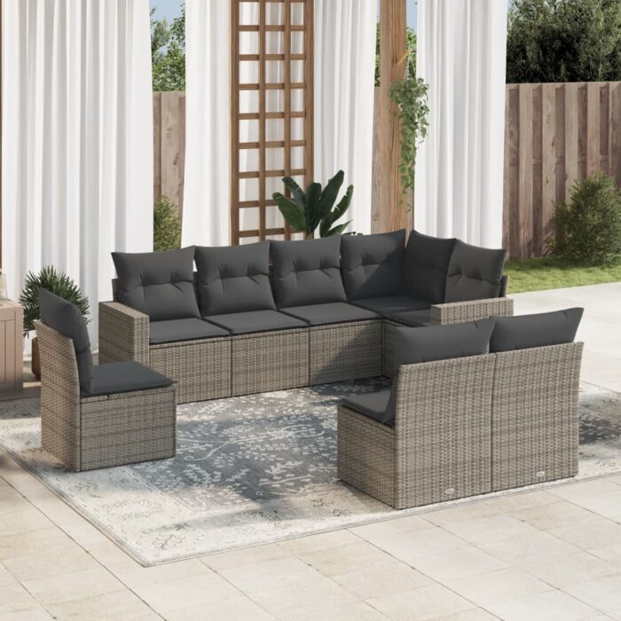 Salon de jardin 8 pcs avec coussins gris résine tressée – Image 1