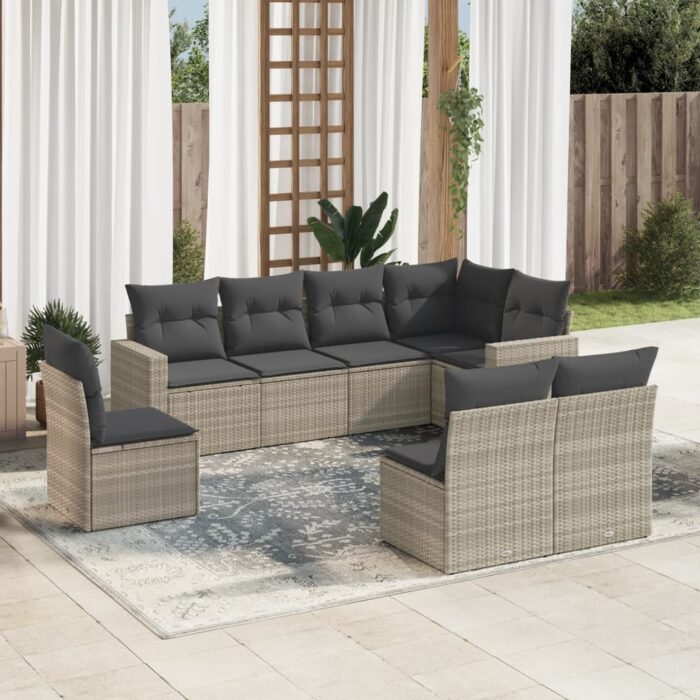 Salon de jardin 8 pcs avec coussins gris clair résine tressée – Image 1