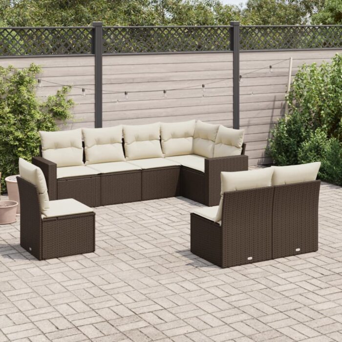 Salon de jardin 8 pcs avec coussins marron résine tressée – Image 1
