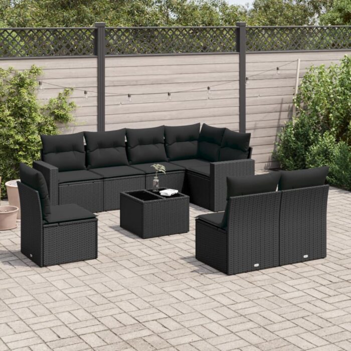 Salon de jardin 9 pcs avec coussins noir résine tressée – Image 1