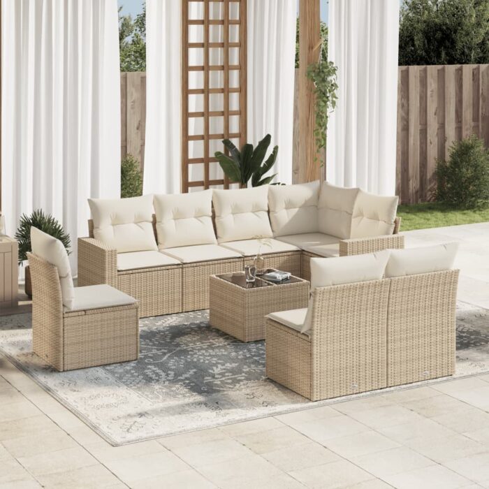 Salon de jardin avec coussins 9 pcs beige résine tressée – Image 1