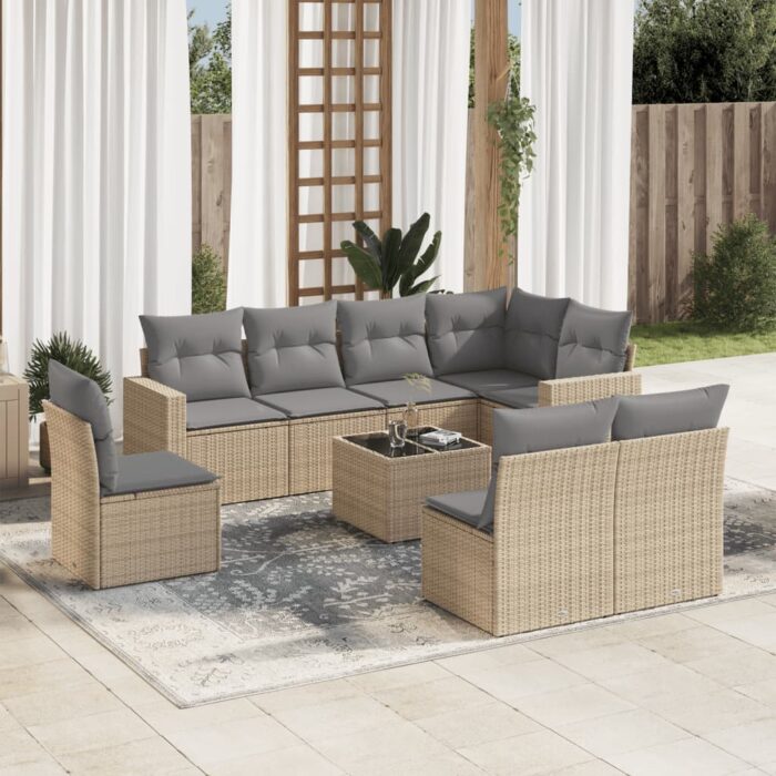 Salon de jardin avec coussins 9 pcs beige résine tressée – Image 1
