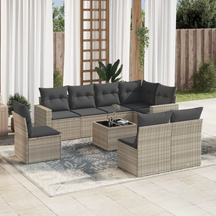 Salon de jardin 9 pcs avec coussins gris clair résine tressée – Image 1