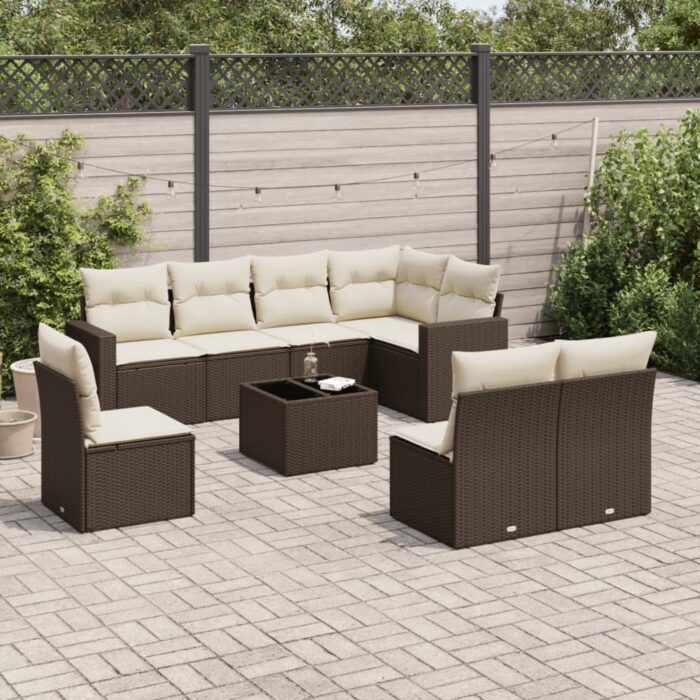 Salon de jardin avec coussins 9 pcs marron résine tressée – Image 1