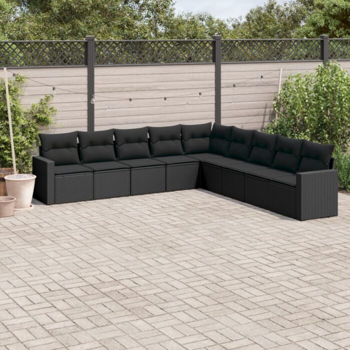 Salon de jardin 9 pcs avec coussins noir résine tressée – Image 1