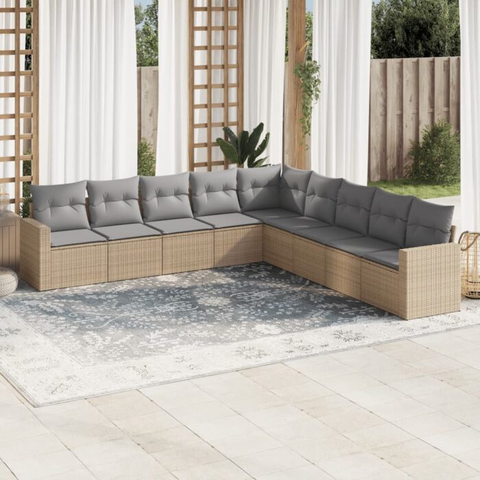 Salon de jardin avec coussins 9 pcs beige résine tressée – Image 1